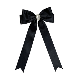 Elegant black satin bow hair clip featuring a large rectangular rhinestone centerpiece
