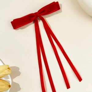 Elegant red velvet double bow hair clip with long streamers for women and girls