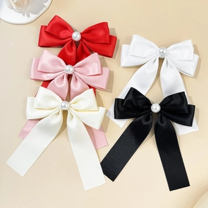 Pince à Cheveux Nœud en Satin Élégant Avec Künstliche Perle d'Imitation Longs Rubans Barrette Bec de Canard Accessoires Cheveux Femme