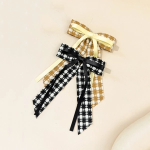Elegant tweed houndstooth bow hair clip with long ribbons for vintage women's hair styling