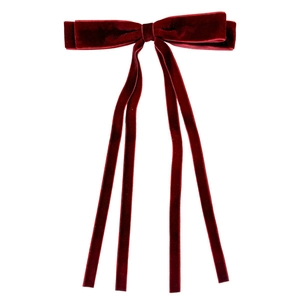 Double-layered dark red velvet bow hair clip with long ribbons for balletcore style