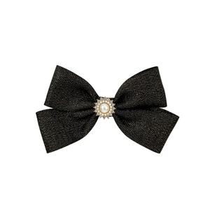 Elegant black bow hair clip with gold thread details and pearl crystal centerpiece