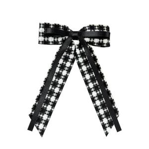 French style houndstooth bow hair clip with long black satin ribbons for women