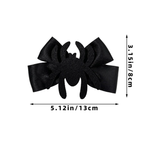 Detail showing dimensions of a black spider bow hair clip with satin ribbon and felt spider