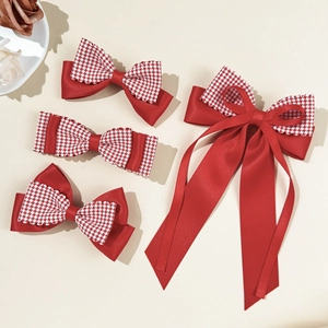 Red Bow Hair Clip Plaid Gingham Ribbon Satin Hairpins Sweet Festive Duckbill Clips Headwear Accessories For Women Girls
