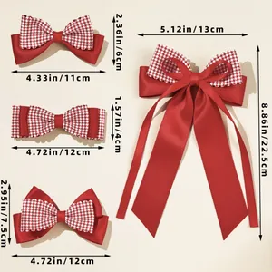 Size chart showing dimensions for red fabric bow hair clips in four different styles