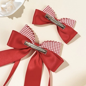 Red plaid fabric bow hair clips with silver metal duckbill clips for women
