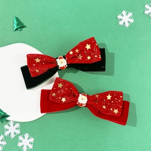 Weihnachten Weihnachtsmann Samt Schleife Haarspange Süß Rot Schwarz Stern Muster Entenschnabel Clip Für Damen Mädchen