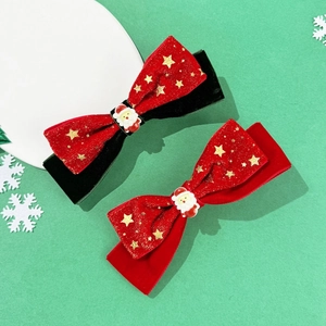 Weihnachtliche rote Samtschleife-Haarklammer mit Goldsternen und Weihnachtsmann-Motiv