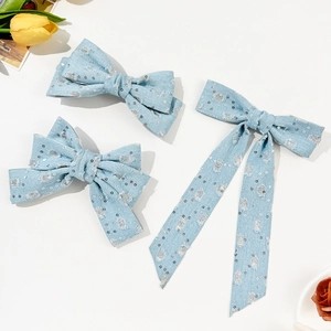 Fermaglio per Capelli con Fiocco in Denim e Paillettes Blu per Donna Molletta in Tessuto Distressed Fiocco Fatto a Mano