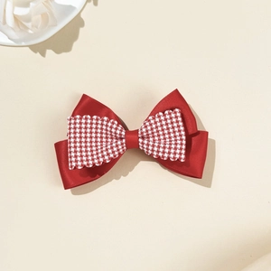 Red plaid and satin double bow hair clip for women, elegant festive hair accessory