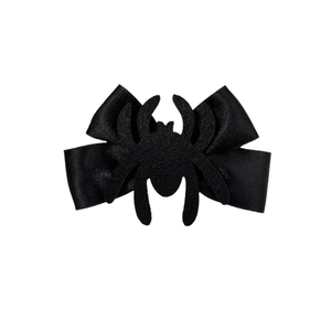 Gothic black satin bow hair clip with central spider detail for Halloween styling