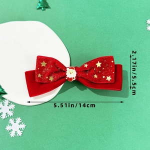 Detailansicht rote Samtschleife Haarspange mit Weihnachtsmann und Maßen 14x5,5 cm