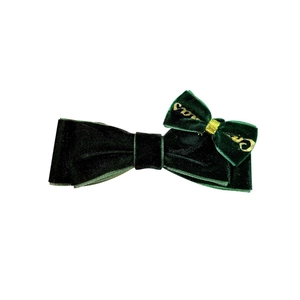 Pinza de pelo con lazo doble de terciopelo verde oscuro y bordado festivo dorado elegante
