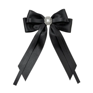 Elegant black satin bow hair clip with crystal rhinestone center and long hanging ribbons