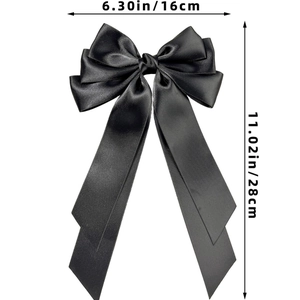 Detailed size specifications for the triple-layered black satin bow hair clip