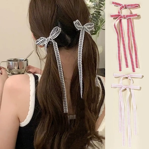 Women Sweet Balletcore Plaid Checkered Bow Hair Clips With Long Ribbon Streamers Handmade Aesthetic Hair Accessories