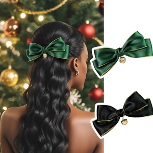 Handmade Christmas Satin Bow Hair Clip With Gold Trim Metal Bell For Women Festive Hair Accessory For Party Decoration