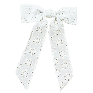 Elegant white lace bow hair clip with long streamers and vintage embroidery detail