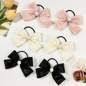 Satin Bowknot Hair Ties With Faux Artificial Pearl Sweet Korean Style Elastic Hair Bands For Women Girls Daily Hair Accessories