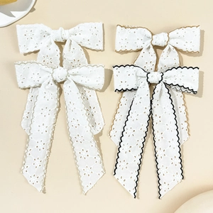 French Vintage White Lace Bow Hair Clip Long Ribbon Streamer Handmade Hollow Floral Embroidery Alligator Clip For Women