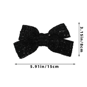 Detailed view of a black sequin bow hair clip with specific size dimensions in inches