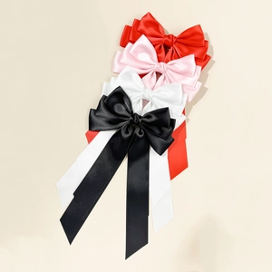 Three-layer satin bow hair clips with long ribbons in red, pink, white, and black colors