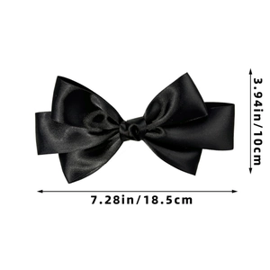 Detailed size view of a 18.5cm black satin triple bow hair clip in Korean style