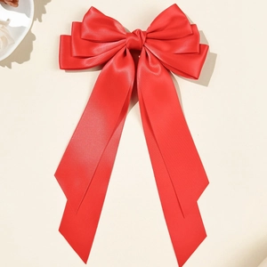 Elegant red triple-layered bow hair clip with long ribbons for women hair styling
