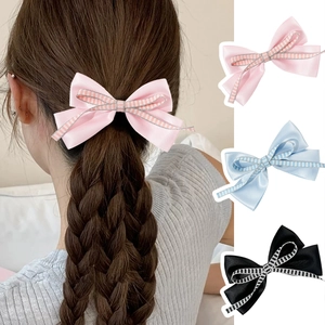 Sweet Gingham Ribbon Bow Hair Clip For Women Handmade Checkered Double Layer Bowknot Hair Accessories Daily Headwear
