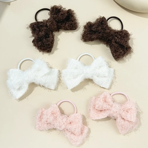 Cute Plush Bow Hair Ties Soft Woolen Yarn Bowknot Elastic Ponytail Holder Sweet Autumn Winter Headwear For Women Girls