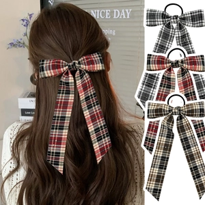 Retro Academy Style Plaid Bow Hair Tie Ribbon Scrunchie For Women Rhinestone Embellished Ponytail Holder Hair Accessories