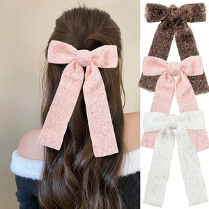 Elegant Plush Bowknot Hair Clip With Long Ribbon Sweet Teddy Curly Yarn Hairpin For Women Autumn Winter Hair Accessory