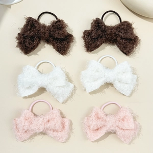 6-pack plush bow hair ties in brown, white, and pink fleece material for women