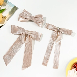Pince à Cheveux Élégante Nœud Plissé Lustre Métallique pour Femme Style Coréen Cœur Strass Ruban Pince Crocodile Ressort