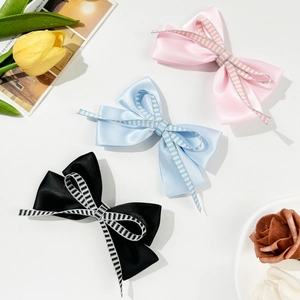 Three-piece set of sweet plaid bow hair clips in pink, blue, and black satin ribbon