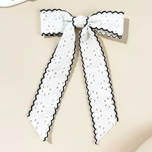 French vintage white lace bow hair clip with hollow embroidery and black scalloped edges