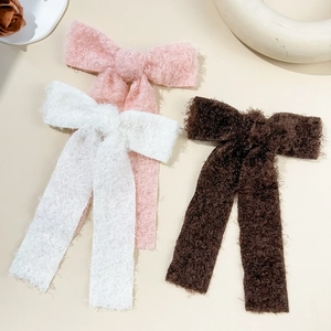 Teddy plush bow hair clip with long ribbons in pink white and brown colors