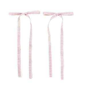Set of two ballet style pink gingham bow hair clips with long streamers on white background