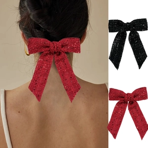 Sequin Bow Hair Clip For Women Tweed Fabric Glitter Elegant Retro Hairpin Back Head Spring Clip Festive Hair Accessories