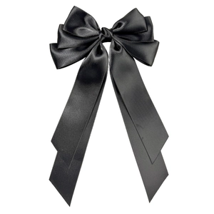 Elegant three-layer black satin bow hair clip with long ribbon streamers for women