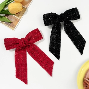 Elegant sequin tweed bow hair clips in red and black colors with stylish long ribbons