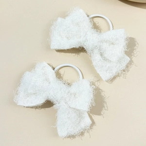Set of two plush white bow hair ties made of soft textured fabric for women
