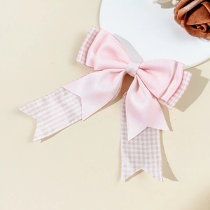 Fermaglio per capelli con fiocco rosa pied de poule e nastri lunghi per ragazze dolci