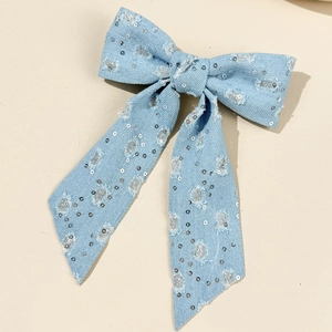 Light blue denim bow hair clip with silver sequins and long ribbons for women