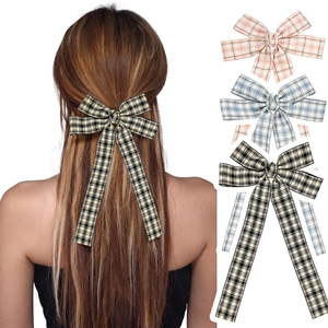 Preppy Plaid Bow Hair Clip Long Streamer Ribbon Hair Ornament For Women Handmade Woven Fabric Plaid Pattern Hair Accessories