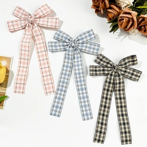 Japanese style plaid bow hair clip with long streamers in three elegant colors