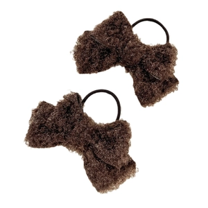 Set of two dark brown plush bow hair scrunchies with fluffy faux fur texture