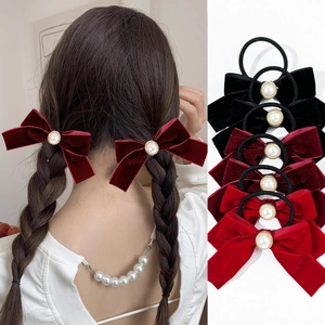 Chouchous Nœud en Velours Avec Fausse Künstliche Perle Bordure en Alliage Métallique Doux Vintage Élastiques Cheveux pour Femmes Filles