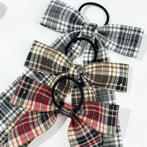 Three-piece set of Japanese vintage plaid bow hair ties with rhinestones and handmade label